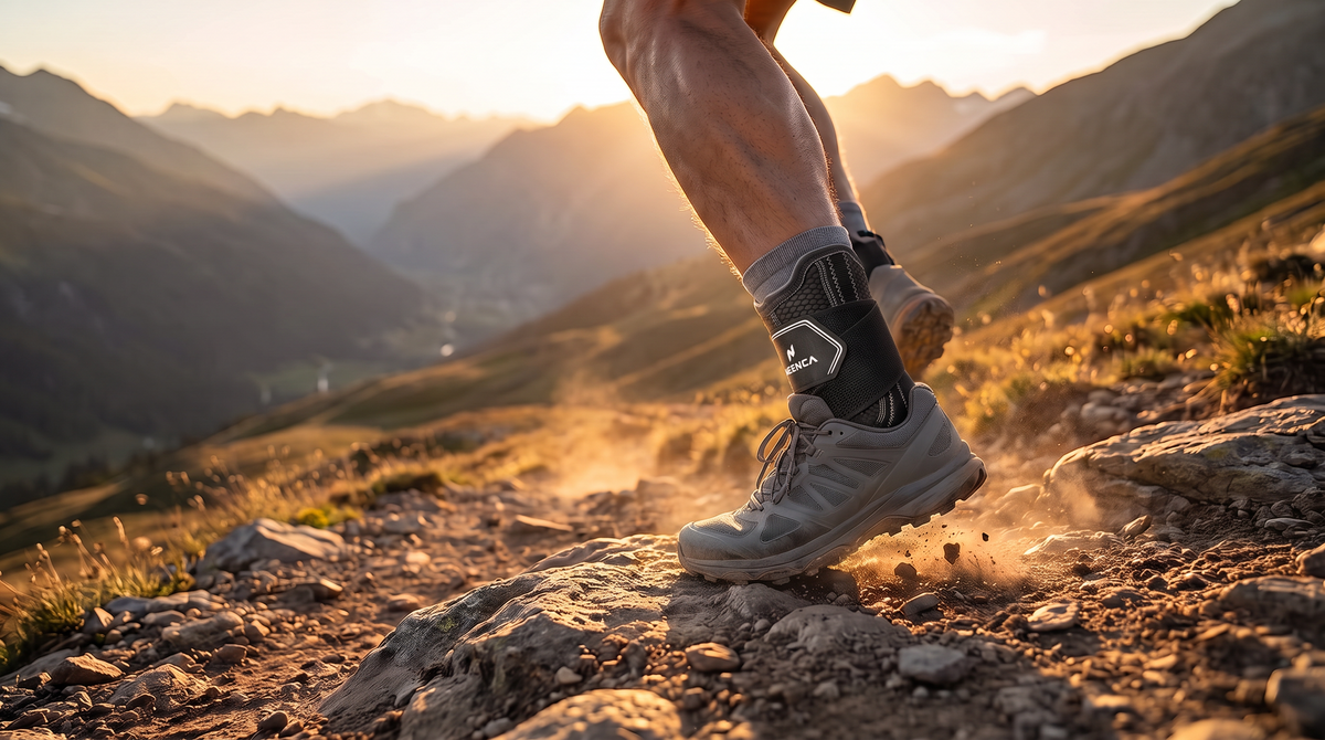 Chevillère de maintien portée sous une chaussure de trail, en descente sur un sentier de montagne au coucher du soleil