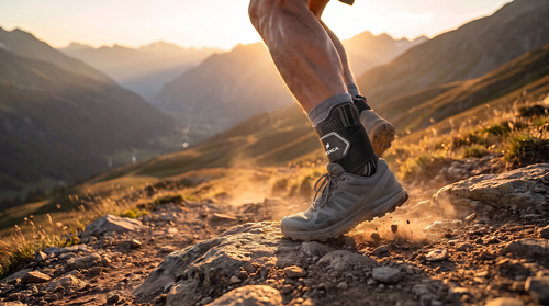 Chevillère de maintien portée sous une chaussure de trail, en descente sur un sentier de montagne au coucher du soleil