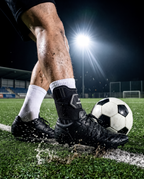 Chevillère de maintien portée dans une chaussure de football, sur un terrain synthétique de nuit