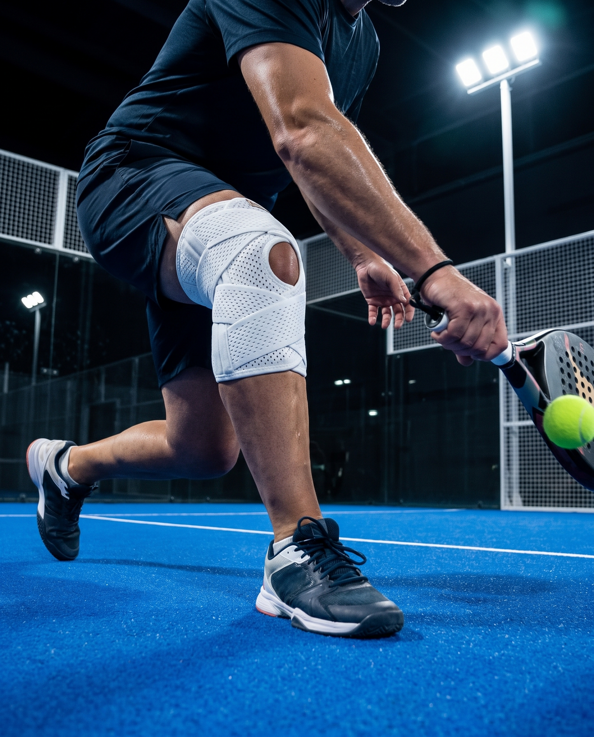 Genouillère de maintien blanche à sangles croisées portée au padel, en fente basse