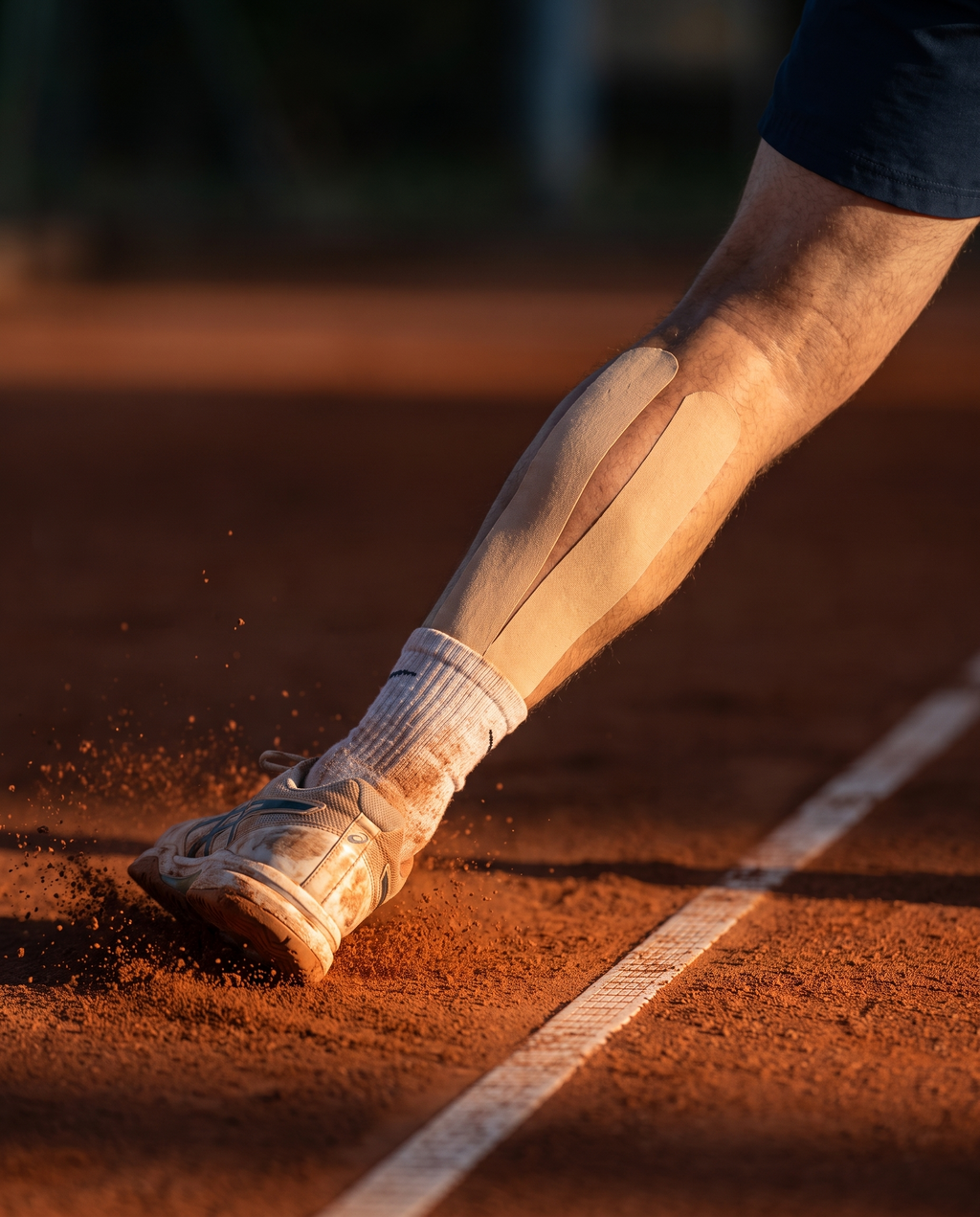 Bande de kinésiologie beige posée sur la jambe d'un joueur de tennis sur terre battue