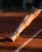 Bande de kinésiologie beige posée sur la jambe d'un joueur de tennis sur terre battue