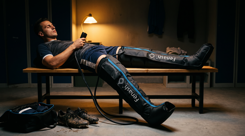 Bottes de compression d'air portées par un footballeur allongé sur un banc de vestiaire après le match