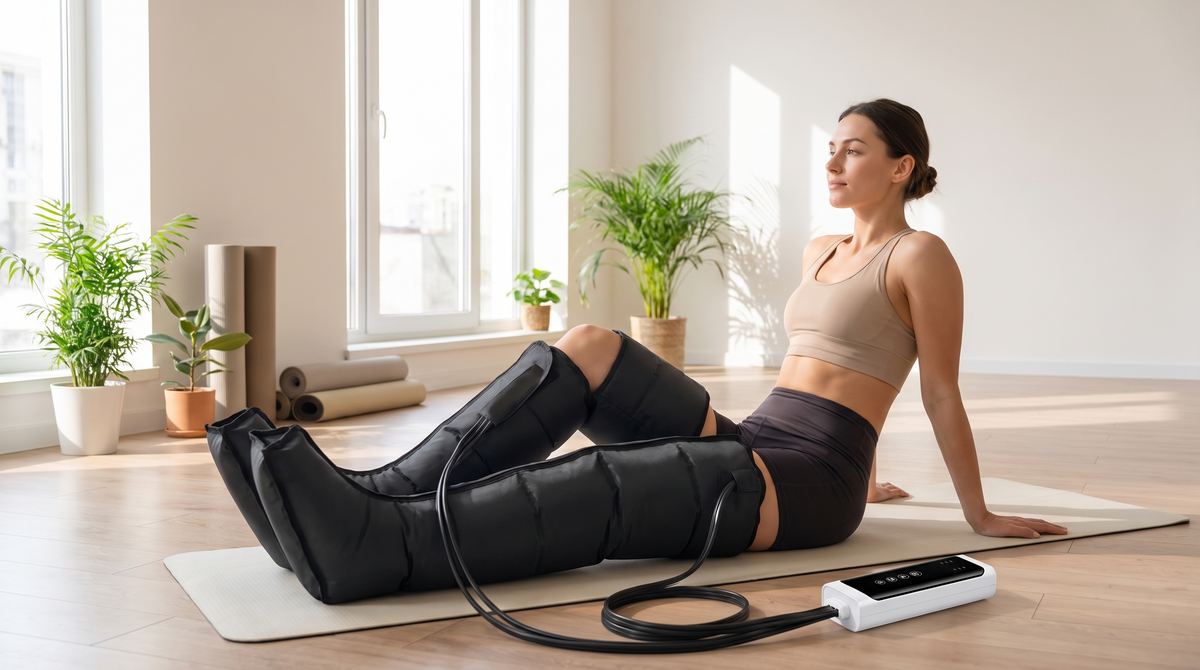 Bottes de massage à pression d'air, version longue, portées dans un studio de yoga lumineux après la séance