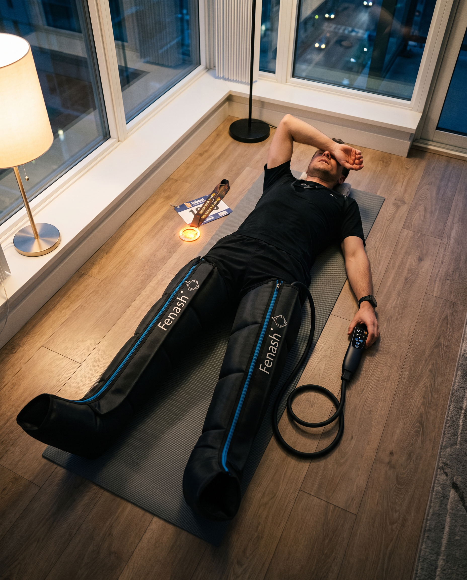 Bottes de compression d'air portées par un coureur allongé au sol après un marathon, médaille à côté de lui