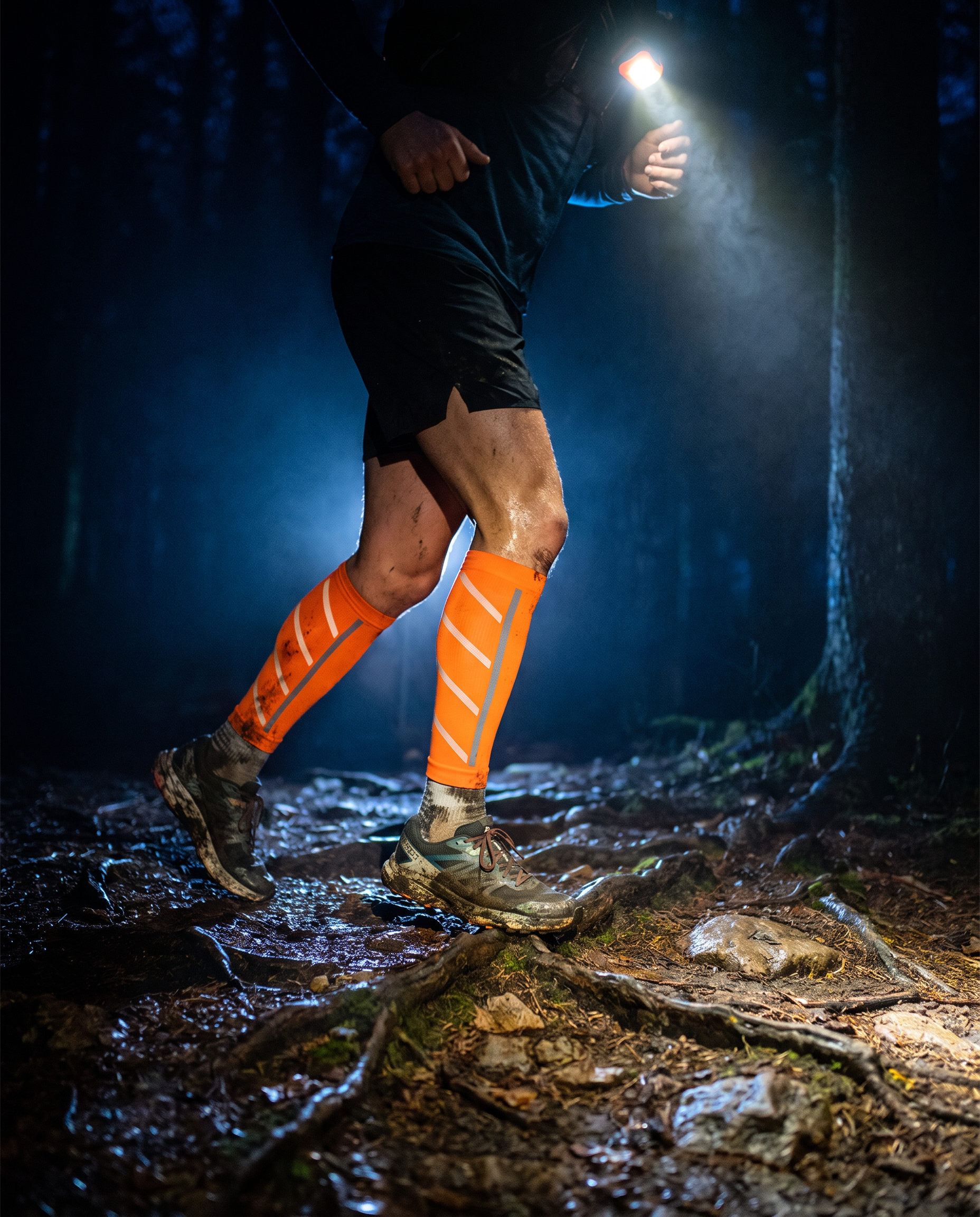 Manchons de compression orange pour mollets portés en trail de nuit, à la lampe frontale