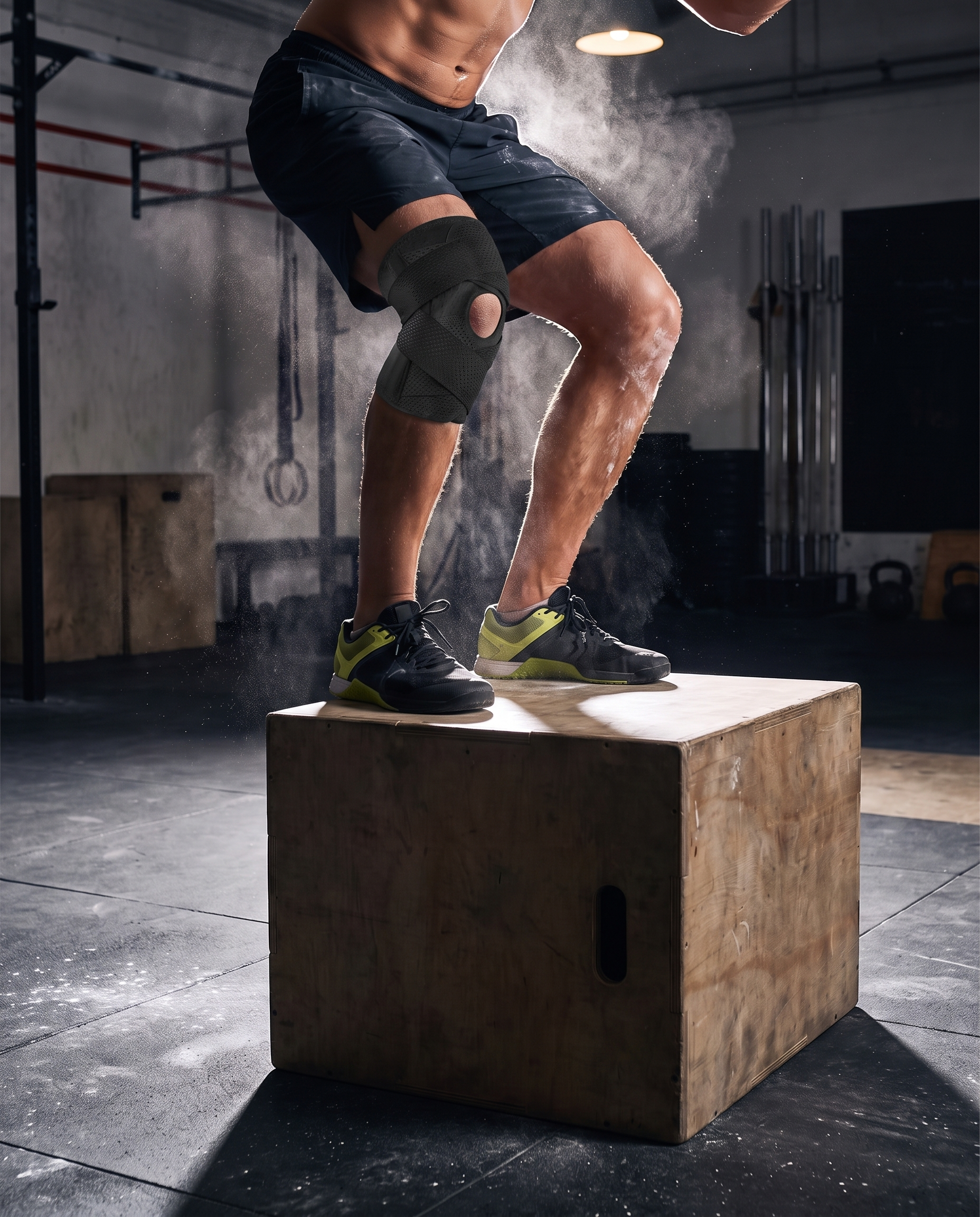Genouillère de maintien noire à sangles croisées portée lors d'un saut sur box en salle d'entraînement