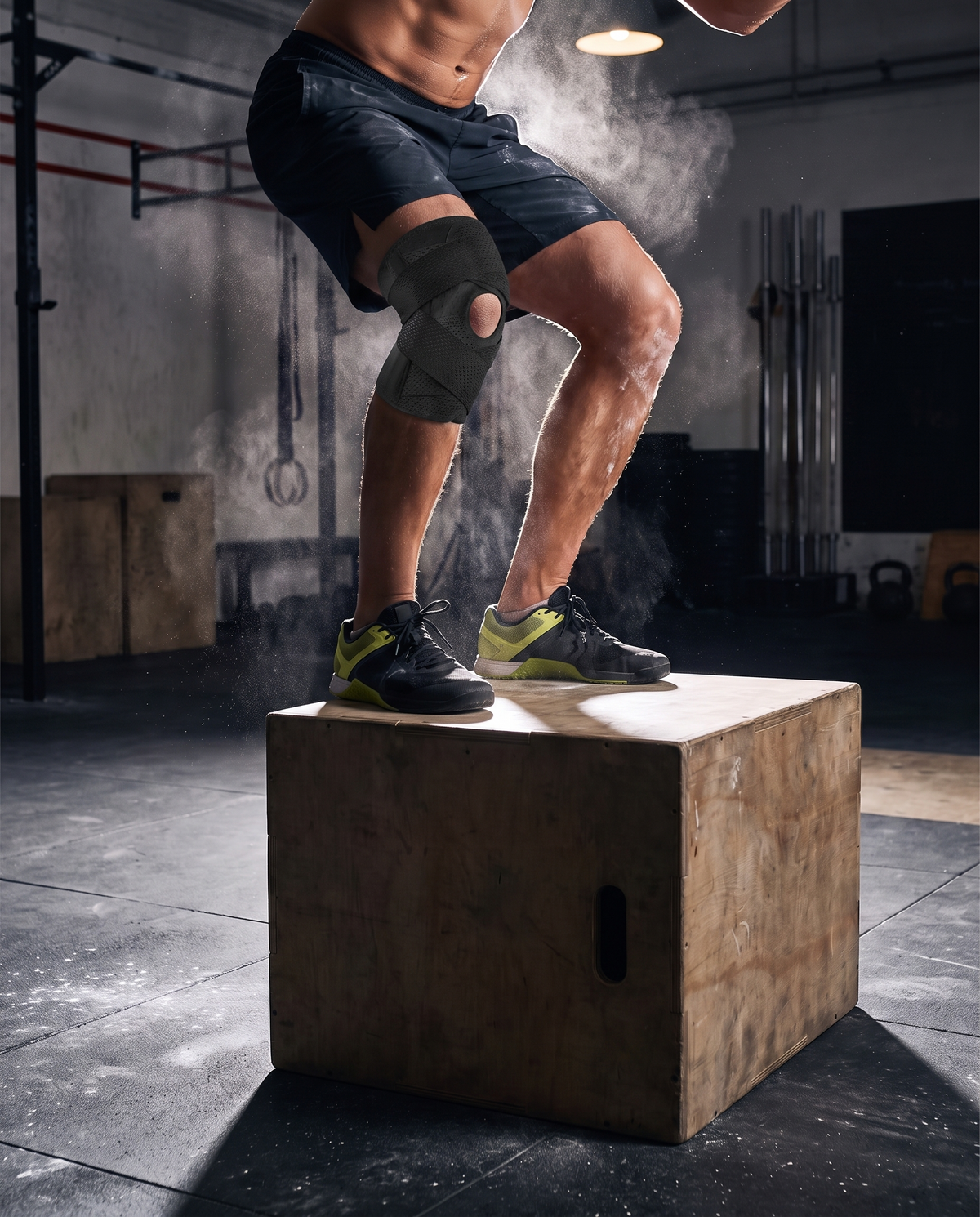Genouillère de maintien noire à sangles croisées portée lors d'un saut sur box en salle d'entraînement