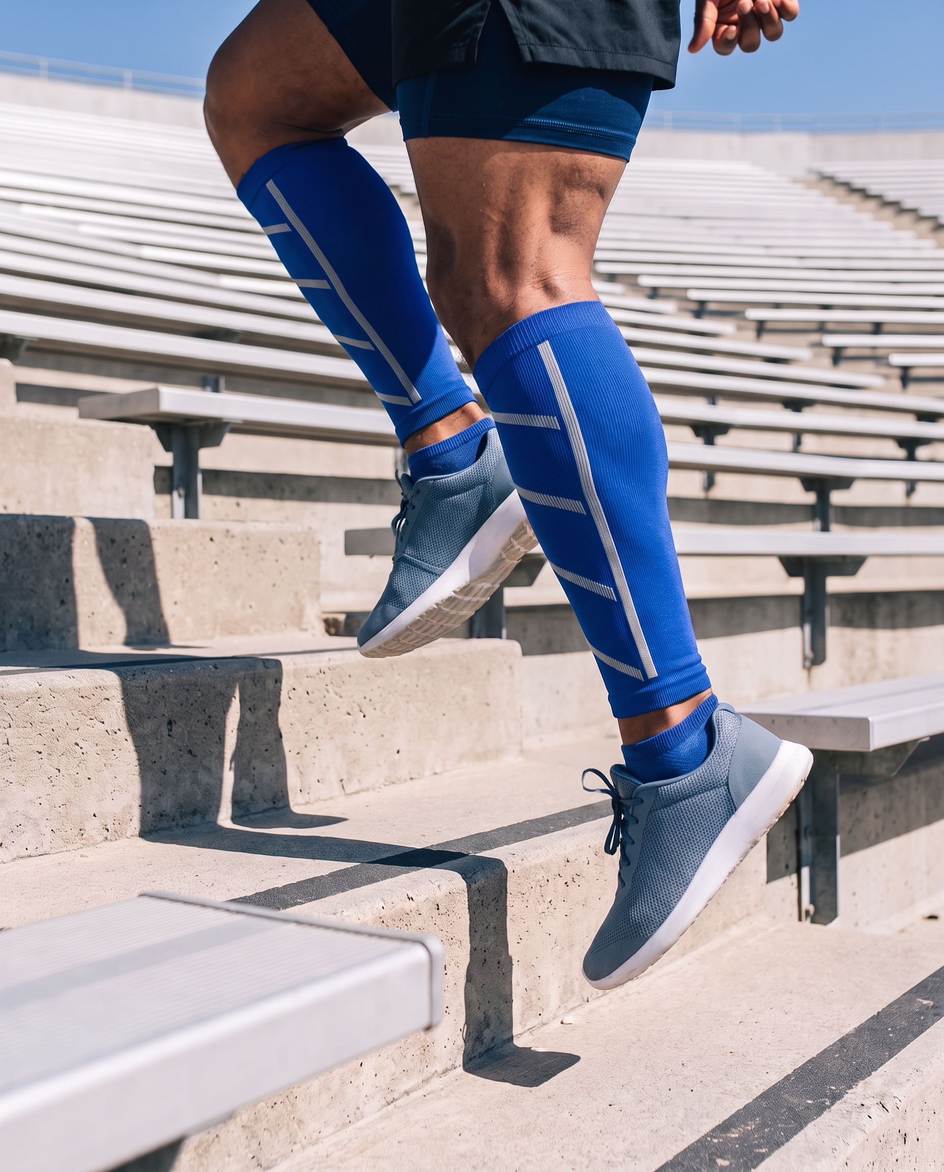 Manchons de compression bleus pour mollets portés pendant une séance dans les escaliers d'un stade