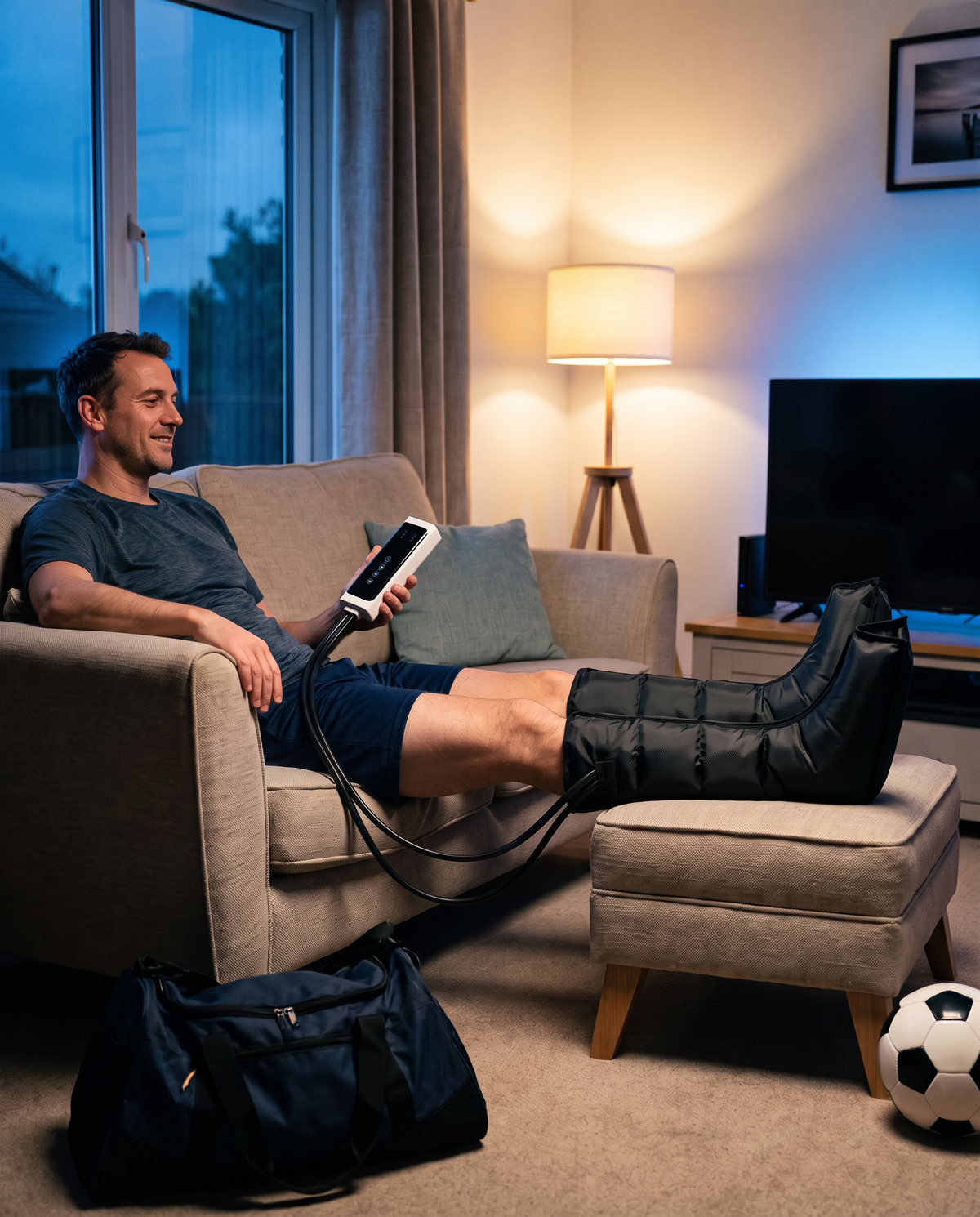 Bottes de massage à pression d'air, version courte, portées dans un salon après un match de foot